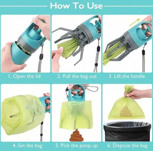 Portable Dog Pooper Scooper No Touch Claw Pickup Tool with Waste Bag Holder Easy One Hand Dog Walking Outdoor Pet Cleanup