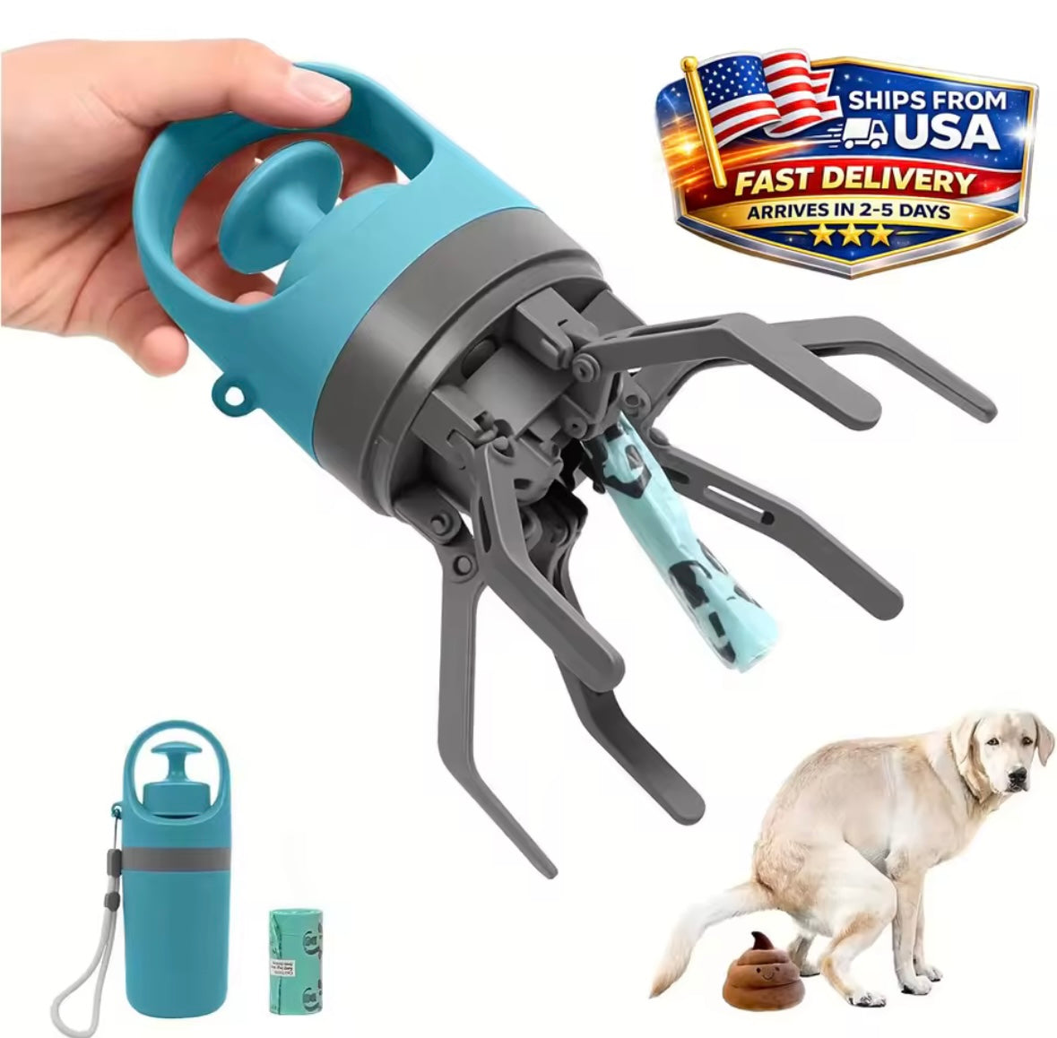 Portable Dog Pooper Scooper No Touch Claw Pickup Tool with Waste Bag Holder Easy One Hand Dog Walking Outdoor Pet Cleanup
